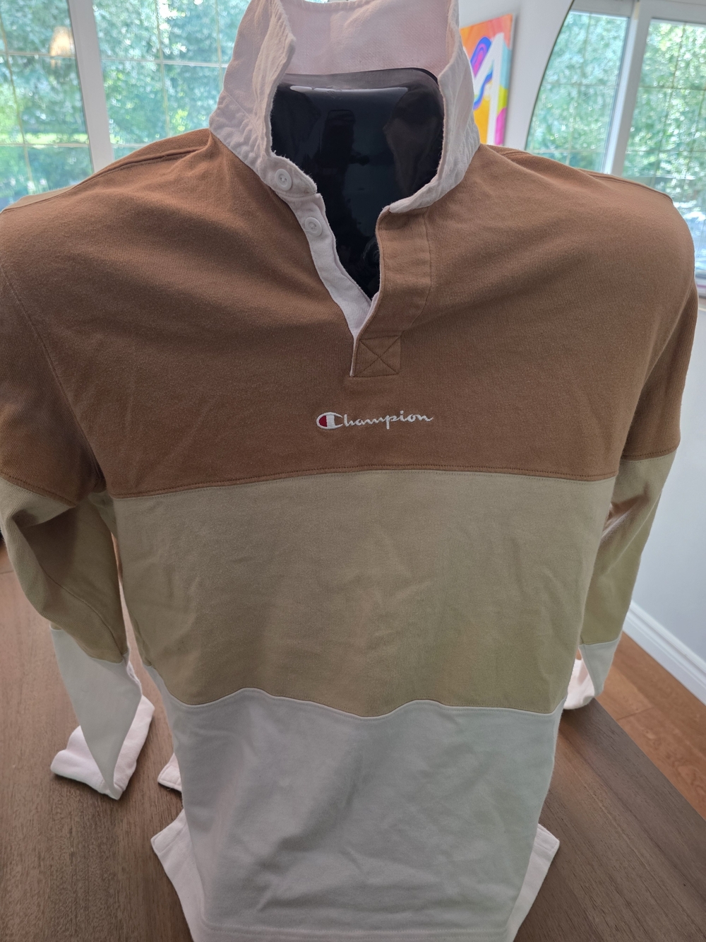 Vintage Champion Men’s Colorblock Rugby Shirt in Brown/Khaki/Cream